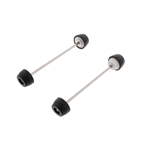 EP Spindle Bobbins Kit for the Triumph Trident includes front fork crash protection (left) and rear swingarm protection (right) both holding signature Evotech Performance nylon bobbins above a precision machined aluminium inner.  