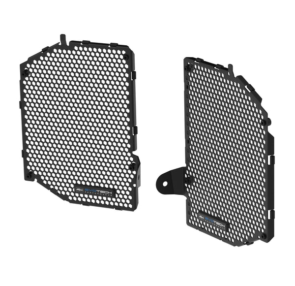 Meticulously manufactured from aircraft grade aluminium to fit the front radiator of the motorcycle, the pair of Evotech Radiator Guards have a matrix of hexagonal holes for airflow whilst protecting the machine. Finished with durable black powder-coating and blue Evotech Performance logo badges.