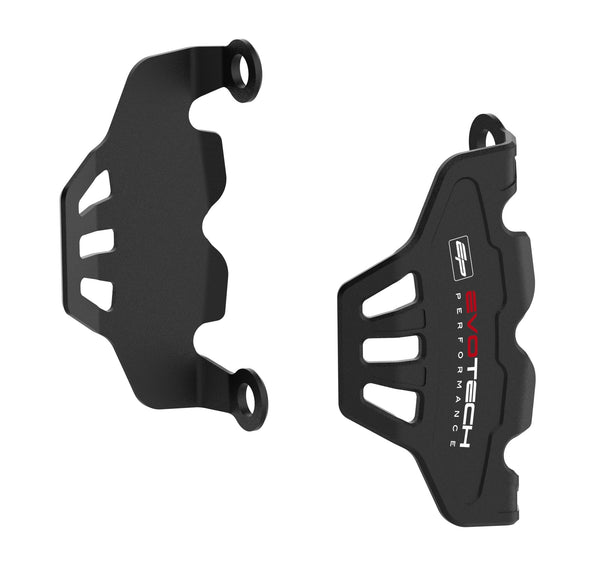 Evotech Front Caliper Guards are ergonomically shaped brake caliper protectors offering crash protection to the front brakes. The motorcycle parts are CNC-machined from aluminium with Evotech Performance’s matt, black, durable powder-coating and EP logos.