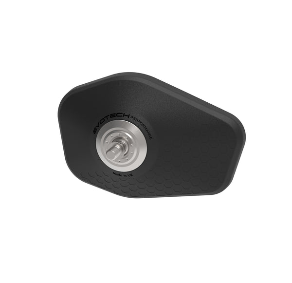 Sold separately as a replacement part, the Evotech Left Sport Mirror has a threaded stainless steel pivot adjustment and attachment point to integrate to the Evotech handlebar end mirror kit. The black injection-moulded mirror housing has Evotech Performance logos.