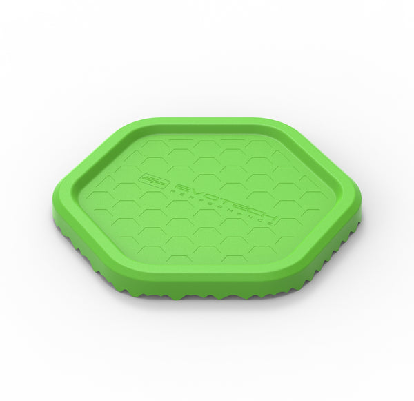 Injection-moulded in Evotech's signature green, the hexagonal Evotech Side Stand / Puck is the perfect motorcycle parking support. The under side is textured for a strong grip on a range of terrains, whilst the upper side has a textured finish with Evotech Performance logo on display.