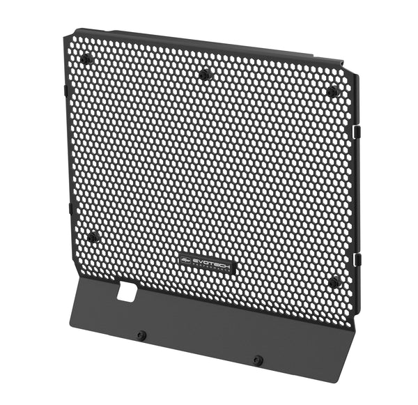 With a specific fitting design, the Evotech Radiator Guard is CNC-machined for accurate fitting to the motorcycle. The EP rad guard has additional rubber bungs, large rectangluar Evotech Performance logo badge and black fasteners supplied in the kit.