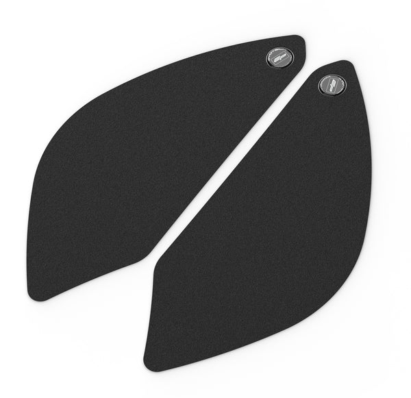 Two black Evotech motorcycle tank fuel grips with Evotech Performance badges, shown on a plain white background.
