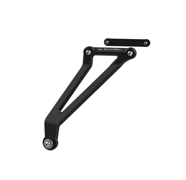 The Evotech Exhaust Hanger Kit has two individual aluminium parts, to cover the insertion points of the pillion footpegs on the motorcycle. The larger bracket attaches to the motorcycle's exhaust to maintain structural hold and is supplied with stainless steel fasteners. 