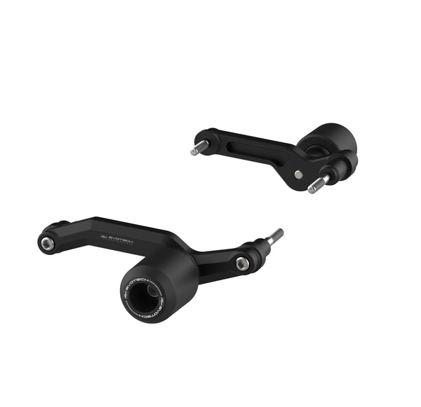 With shaping that aligns to the contours of the motorcycle, the Evotech Crash Protection has aluminium brackets with two point attachment, holding EP's large crash bungs. Each Evotech frame slider is fitted to existing mounting points using stainless steel fasteners. Finished in black powder-coating with Evotech Performance logos.