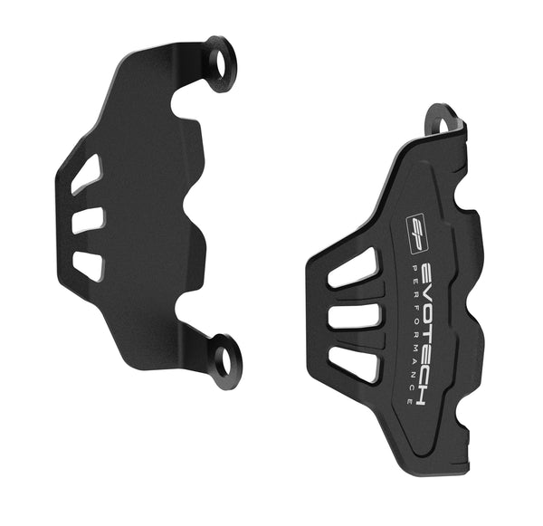 Evotech Front Caliper Guards are ergonomically shaped brake caliper protectors that provide crash protection to the front brakes. The model-specific Evotech Performance motorcycle parts are CNC-machined from aluminium with EP’s matt, black, durable powder-coating and white EP logos.