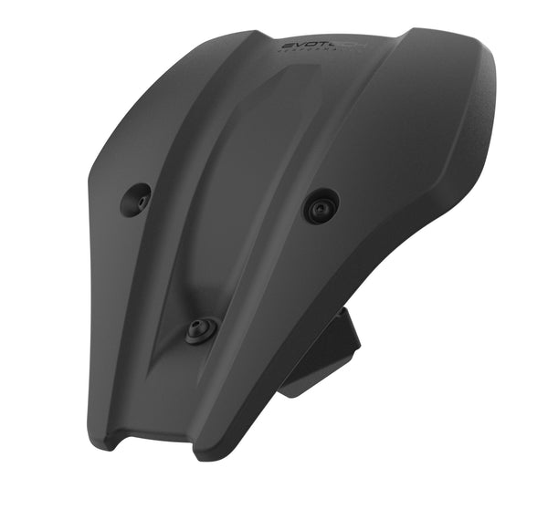 With aerodynamic shaping, and a bespoke aluminium fitting bracket, the Evotech Fly Screen is an easy-to-fit essential motorcycle accessory. Injection-moulded from strong ABS, the motorcycle front cowl has a matt black durable finish and Evotech Performance logo. 