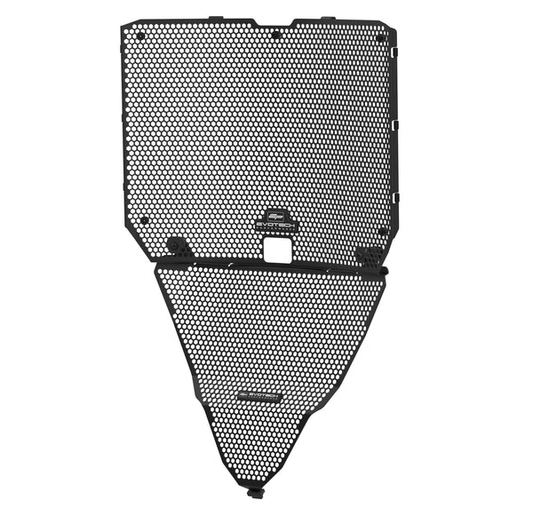 The Evotech Radiator / Header Guard Set for the Yamaha YZF-R9 has two separate parts to ensure an accurate, protective fit to the front end of the motorcycle. Each part has EP's iconic hexagonal matrix to allow air flow, with a durable matt, black powder-coating for longevity.