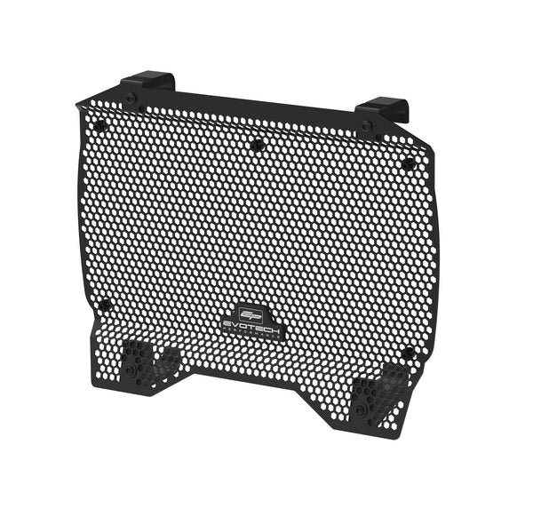 Shaped to accurately fit to the motorcycle's radiator and fairings, the Evotech Radiator Guard has a hexagonal matrix of holes to allow air flow whilst blocking sticks, stones or other road debris from damaging the radiator. Produced in black powder-coated aluminium, Evotech's motorcycle part is finished with a T-shape Evotech Performance logo badge.
