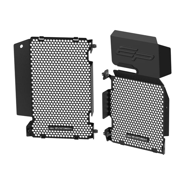 The individually shaped aluminium Evotech Radiator Guards have accurate shaping to fit the motorcycle's insertion points using the supplied rubber bungs and push pins. With small rectangular Evotech logo badges and an indented EP to the top of the right motorcycle radiator protector, the guards have a matrix of hexagonal holes for airflow.