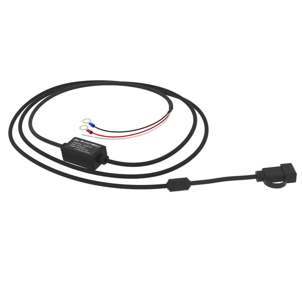 The wire of Evotech Motorcycle USB Charger is 2.2 metres long with a female USB-A interface. The Evotech motorcycle accessory can be installed to the battery or ignition using the coloured wires.