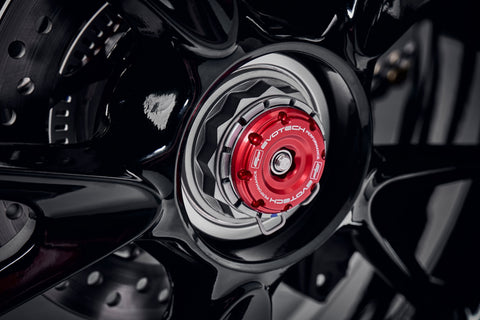 EP’s anodised red hub stop from EP Spindle Bobbins Crash Protection fitted to the offside rear wheel of the Triumph Speed Triple 1200 RR.