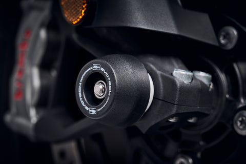 The signature EP Spindle Bobbins Kit’s crash protection bobbin mounted through the front fork of the Triumph Tiger 1200 GT Pro.