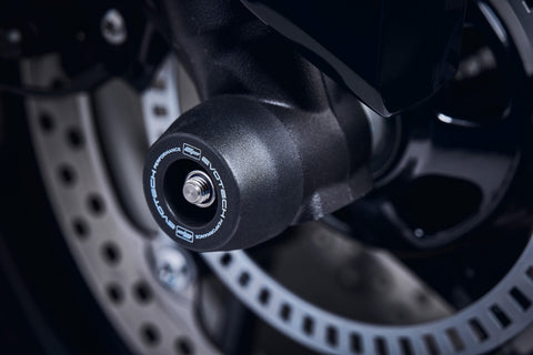 The front fork of the Triumph Tiger Sport 660 fitted with Evotech Performance’s signature crash slider from EP Front spindle Bobbins, safeguarding the forks and brake calipers.