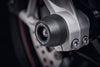 The front wheel of the BMW S1000 R with EP Spindle Bobbin precisely fitted, offering front fork and brake caliper protection.