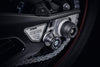 The nearside of the rear wheel of the BMW S 1000 RR with EP Spindle Bobbins Crash Protection attached, guarding the swingarm and chain.
