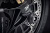 The offside front wheel of the Ducati XDiavel Black Star with EP Spindle Bobbins Crash Protection fitted.
