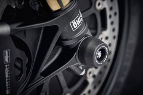 The offside front wheel of the Ducati Panigale V4 with EP Spindle Bobbins Crash Protection fitted with brake calipers in sight.