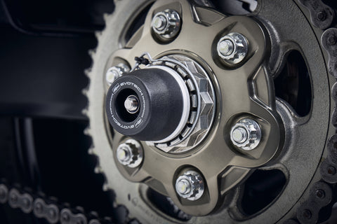 The signature Evotech Performance spindle bobbin fitted to the rear wheel of the Ducati Multistrada 1200, offering crash protection to the swingarm and chain.