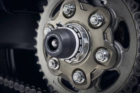 The signature Evotech Performance spindle bobbin fitted to the rear wheel of the Ducati Multistrada 1260 S Grand Tour, offering crash protection to the swingarm and chain.