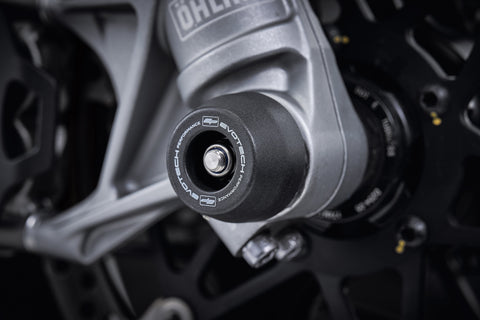The precision fit of the EP Spindle Bobbins Crash Protection Kit to the front wheel of the Ducati Multistrada V2 S.
