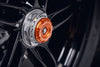 The orange hub stop from EP Spindle Bobbins Crash Protection Kit attached to rear offside of the KTM 1290 Super Duke RR.  