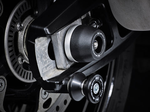 The offside rear wheel of the BMW S 1000 XR TE with EP Spindle Bobbin secured to the swingarm and near EP Paddock Stand Bobbins.