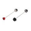 EP Spindle Bobbins Crash Protection Kit for the Ducati Hyperstrada 821 with front fork protection with bobbins on both sides (right) and rear swingarm protection with a single bobbin and anodised red hub stop (left). 