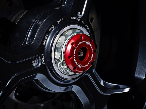 The attractive anodised red hub stop from the EP Spindle Bobbins Crash Protection Kit fitted to the offside rear wheel of the Ducati Monster 1200 S.