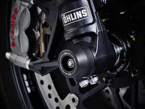 An EP Spindle Bobbin in place, protecting the front forks and brake calipers of the Ducati Monster 1100 Evo.