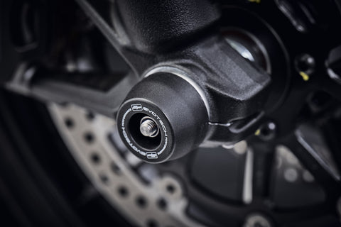 The front wheel of the Ducati Scrambler 1100 Sport with EP Spindle Bobbins Crash Protection Kit fitted.