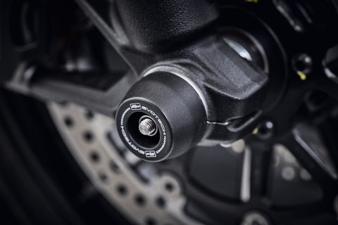The front wheel of the Ducati Scrambler 1100 Urban Motard with EP Spindle Bobbins Crash Protection Kit fitted.
