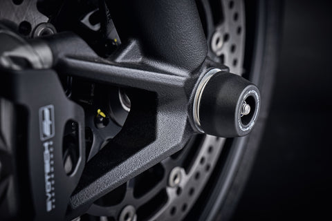 EP Spindle Bobbins Crash Protection Kit fitted to the front wheel of the Ducati Scrambler 1100 Pro, guarding the front forks and brake calipers.