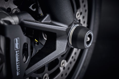 EP Spindle Bobbins Paddock Kit’s front wheel spindle bobbin crash protection seamlessly attached to the front wheel of the Ducati Scrambler 1100 Tribute Pro. 