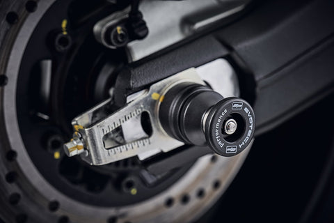 EP Spindle Bobbins Paddock Kit’s front wheel spindle bobbin crash protection seamlessly attached to the front wheel of the Ducati Scrambler 1100 Dark Pro. 