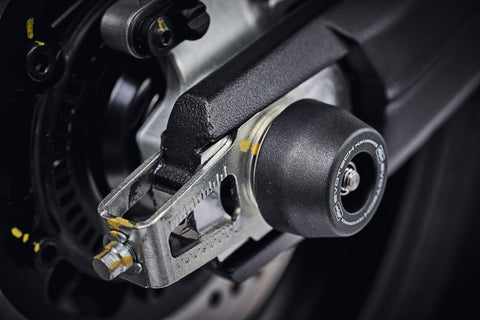 The precision fit of the signature EP Spindle Bobbins Kit to the swingarm and rear wheel of the Ducati Scrambler Full Throttle.
