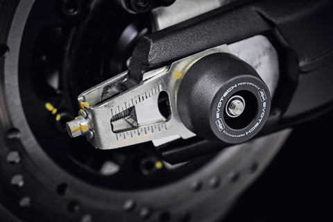 The precision fit of the signature EP Spindle Bobbins Kit to the swingarm and rear wheel of the Ducati Scrambler 1100 Sport.