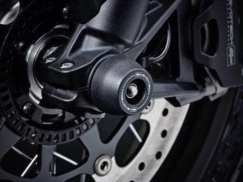 EP Spindle Bobbins Crash Protection Kit fitted to the front wheel of the Ducati Scrambler Urban Enduro, guarding the front forks and brake calipers.