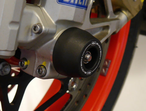 The EP spindle bobbin tightly installed to the front fork of the Aprilia Tuono V4.