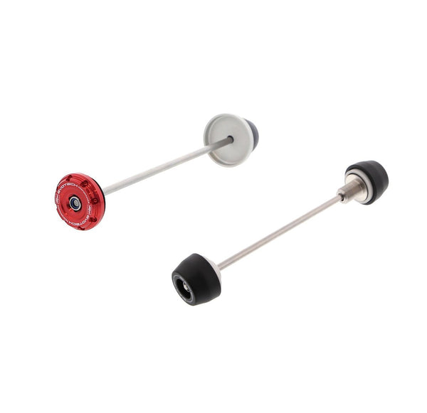 EP Spindle Bobbins Kit for the Honda CB1000R Neo Sports Cafe has two components, each with a stainless steel spindle rod with specifically sized aluminium spacers and nylon bobbins attached. The front fork protection (right) also has a hollowed spindle bolt whilst the rear swingarm protection also has an anodised red hub stop (left).