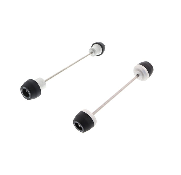 EP Spindle Bobbins Kit for the Honda CRF300 Rally includes front fork crash protection (left) and rear swingarm crash protection (right). The signature Evotech Performance nylon bobbins are attached to the spindle rod alongside a precision machined aluminium support.  