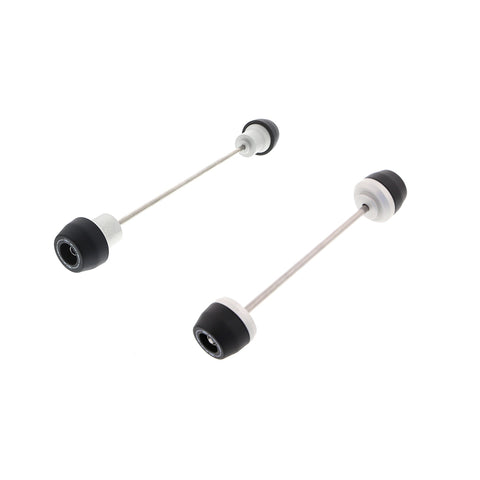 EP Spindle Bobbins Kit for the Honda CRF300L includes front fork crash protection (left) and rear swingarm crash protection (right). The signature Evotech Performance nylon bobbins are attached to the spindle rod alongside a precision machined aluminium support.  