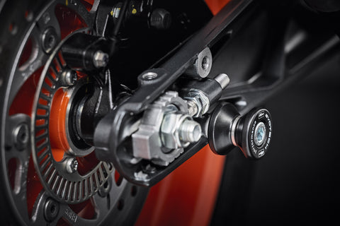 The rear wheel and swingarm of the KTM 690 Duke, ready to be raised using the installed EP Paddock Stand Bobbins.