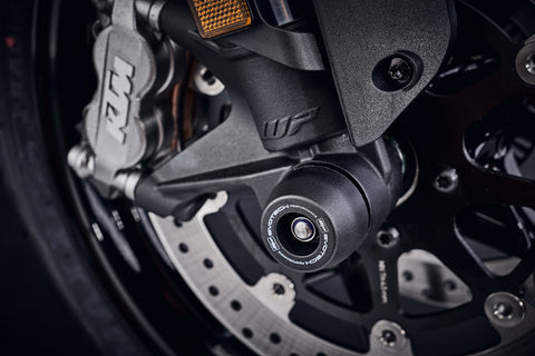 The EP Spindle Bobbins kit offers protection to the front forks and brake calipers of the KTM 1290 Super Duke R.