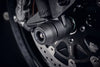 The precision fit of the EP bobbin to the front wheel of the KTM 890 Duke R from the EP Spindle Bobbins Kit, offering crash protection to the front forks, spindle retainers and brake calipers. 