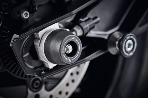 The EP Spindle Bobbins crash protection bobbin fits neatly to the rear spindle and swingarm of the KTM 890 Duke GP, sitting near the EP Paddock Stand Bobbins. 