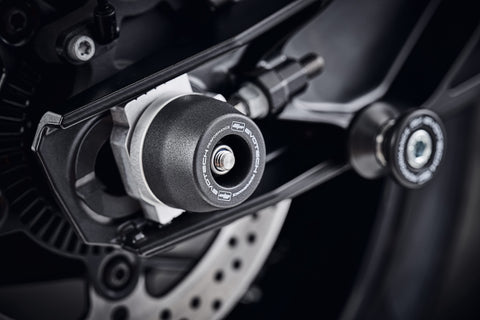 The EP Spindle Bobbins crash protection bobbin fits neatly to the rear spindle and swingarm of the KTM 790 Duke, sitting near the EP Paddock Stand Bobbins. 