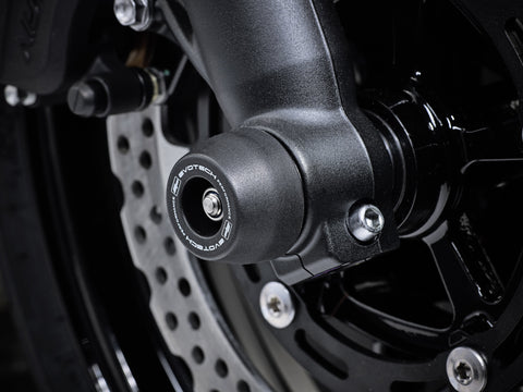 EP Spindle Bobbins Crash Protection fitted to the front wheel of the Kawasaki Ninja 650 Urban shielding the front forks and brake calipers.