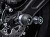 The rear wheel of the Kawasaki Ninja 650 Performance with EP Spindle Bobbins Crash Protection bobbin mounted to the rear spindle offering swingarm protection. 