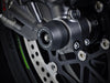 EP Spindle Bobbins Crash Protection fitted to the front wheel of the Kawasaki Ninja ZX-10R shielding the front forks and brake calipers.